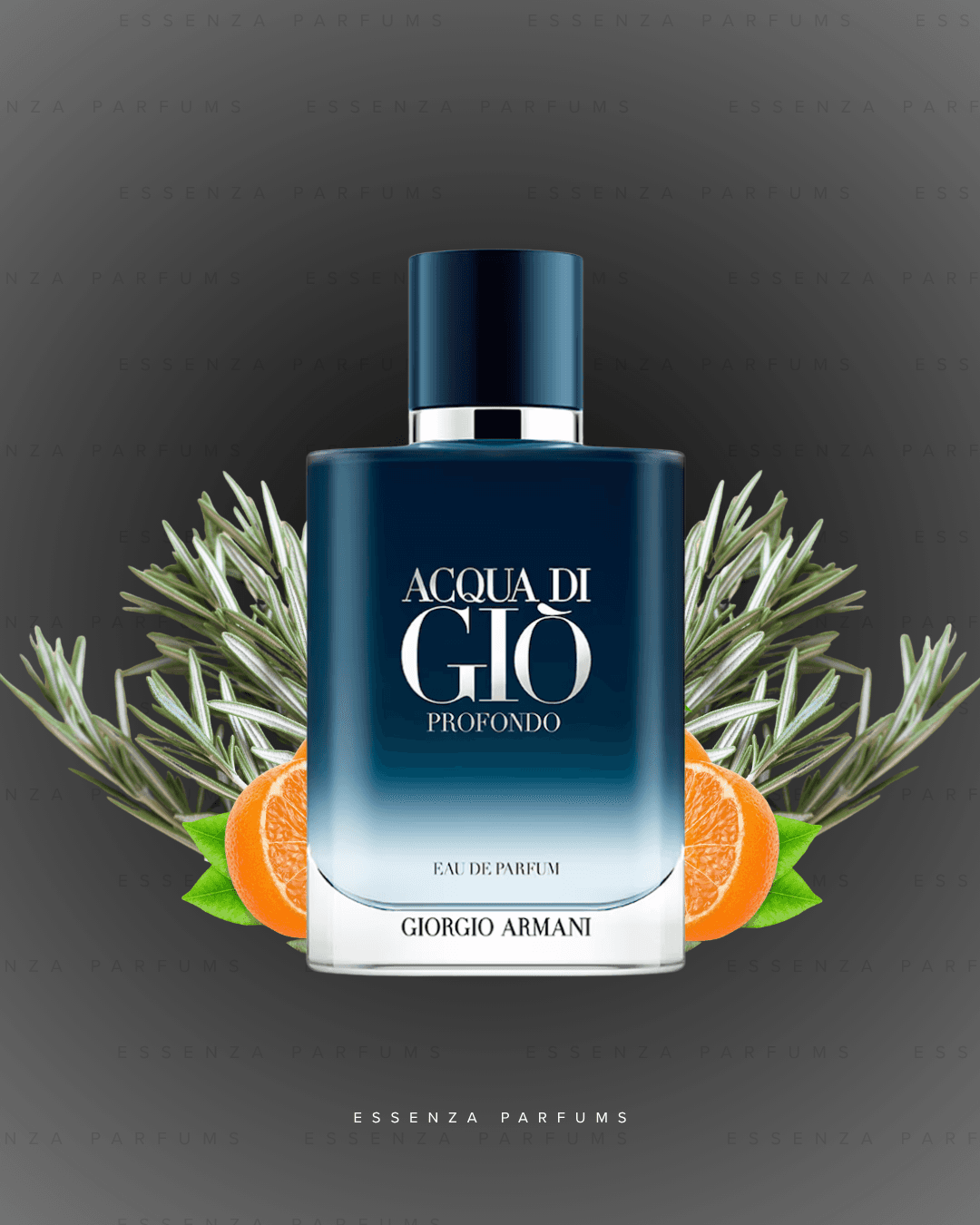 Frasco azul profundo de Acqua di Giò Profondo con romero y naranjas