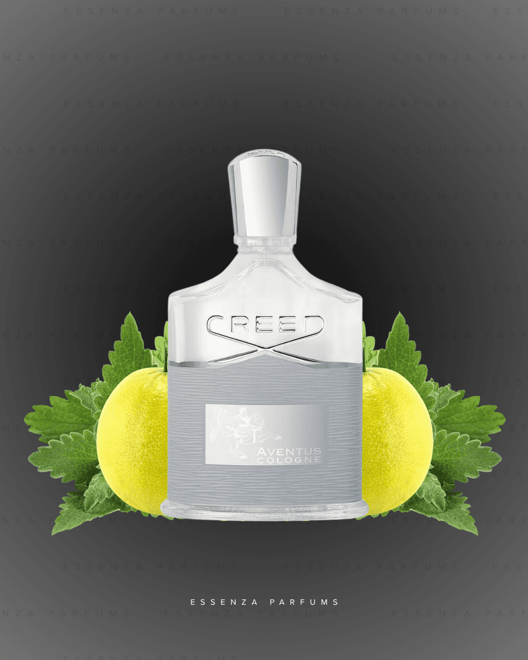 Frasco de Aventus Cologne de Creed con limones y hojas de menta