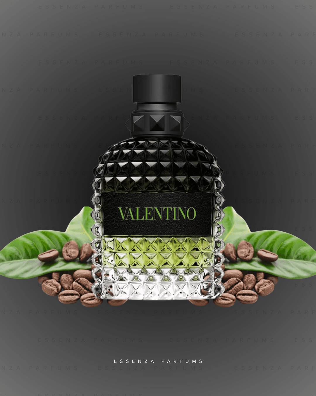 Frasco de Valentino Uomo Green Stravaganza con granos de café y hojas verdes