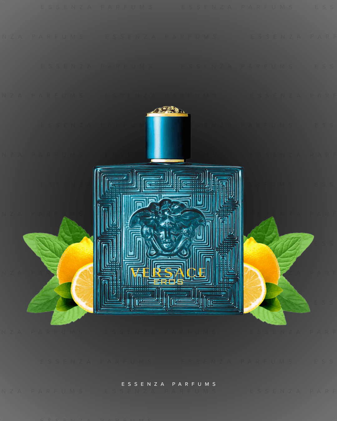 Frasco turquesa de Eros de Versace con limones y hojas de menta