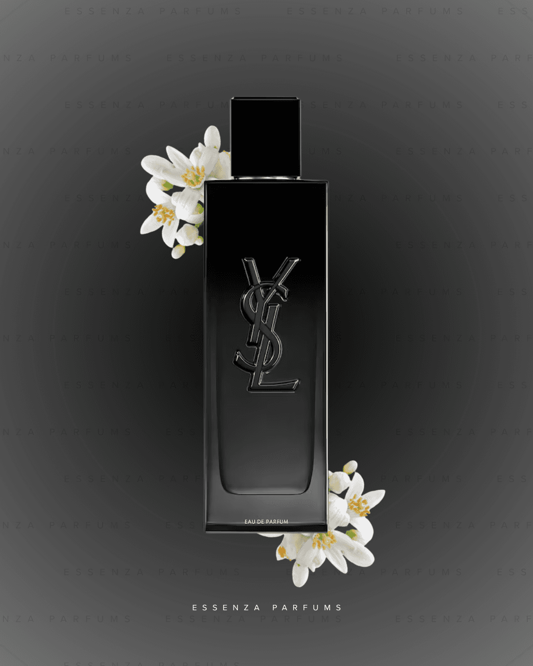 Frasco de perfume MYSLF de Yves Saint Laurent con flores de azahar