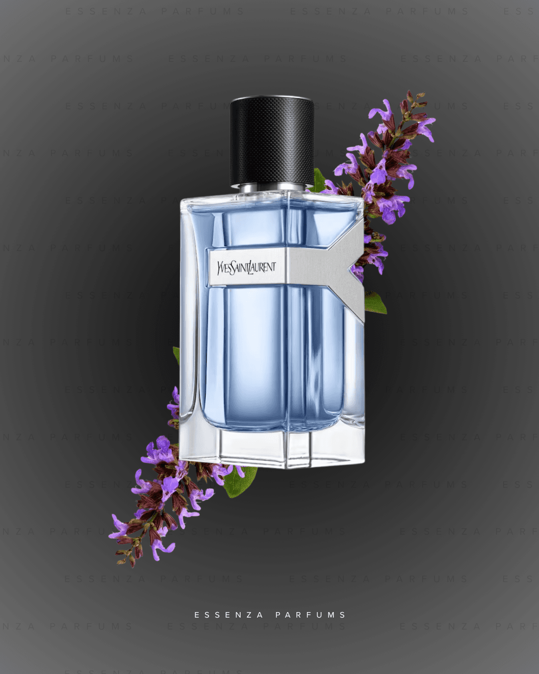 Frasco azul de Y de Yves Saint Laurent con flores de salvia